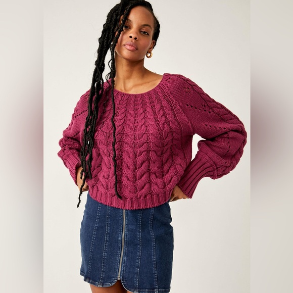 Free People Sweaters - FREE PEOPLE Sandre Pullover Cableknit Sweater Mulberry | Women's Large